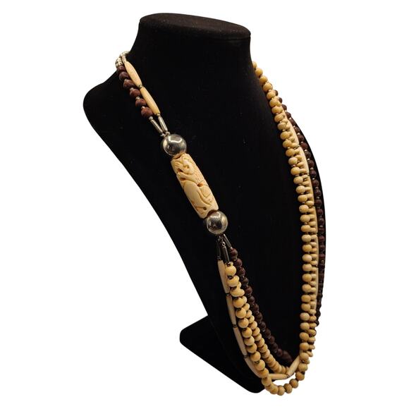 Tribal Necklace Bovine Hairpipe Beads Wood Metal Carved Lion Attacking Elephant - Picture 2 of 7